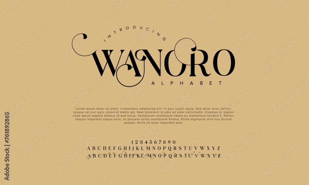 Wanoro premium luxury elegant alphabet letters and numbers. Vintage wedding typography classic serif font decorative vintage retro. Creative vector illustration Wanoro premium luxury elegant alphabet letters and numbers. Vintage wedding typography classic serif font decorative vintage retro. Creative vector illustration