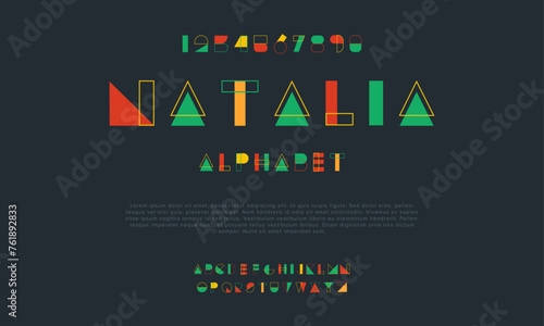Natalia creative geometric modern urban alphabet font. Digital abstract futuristic, fashion, sport, minimal technology typography. Simple numeric vector illustration