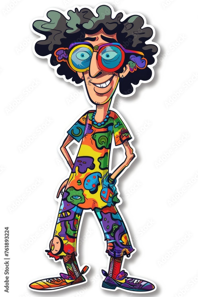 Groovy cartoon sticker label, psychedelic hippy self-adhesive paper printing pattern, vibrant eclectic design elements, banner, interior decoration, visual stick , white background, isolate, cut off.