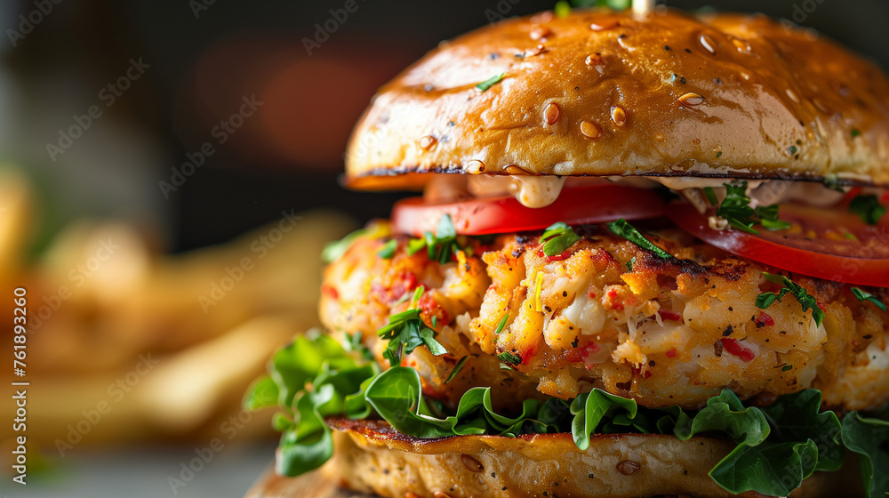 a close-up of a gourmet lump crab meat sandwich, featuring a glossy bun, fresh lettuce, tomato, and seasoned crab meat. - obrazy, fototapety, plakaty 