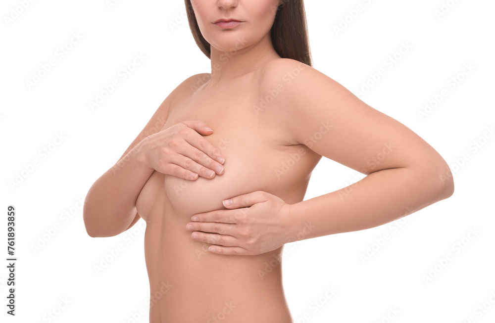 Mammology. Naked woman doing breast self-examination on white background, closeup Mammology. Naked woman doing breast self-examination on white background, closeup