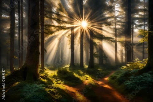 sun beams in morning forest © usman