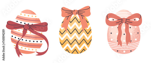 Easter eggs with bows. Painted spring Easter holiday chocolate egg with ribbon, traditional easter treats flat vector illustration set. Hand drawn decorative egg on white