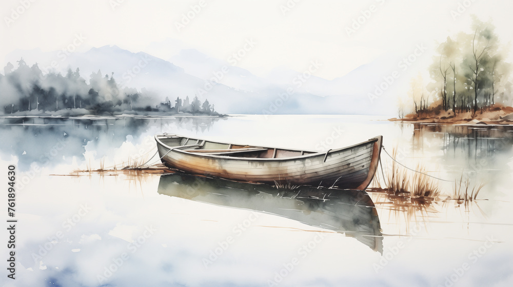 The watercolor illustration portrays a serene lake with a minimalist boat, reflecting the gentle hues of dawn or dusk.