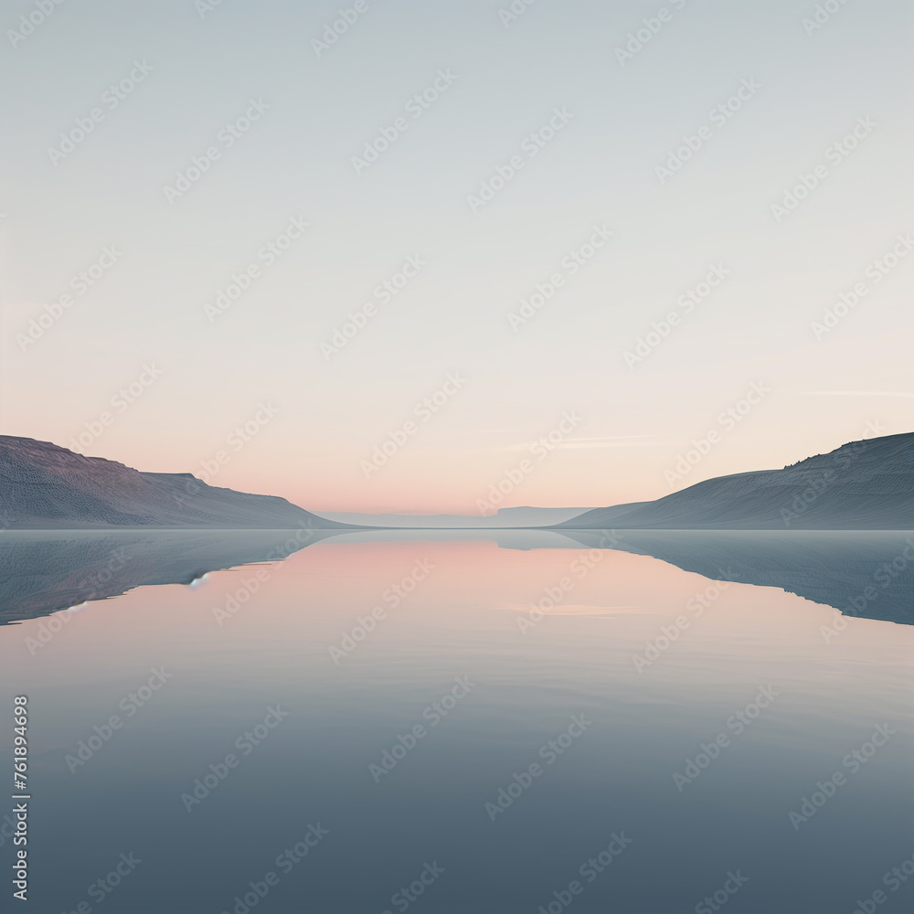 Mountain lake reflection on water and natural environment in the morning sunrise. Nature lake shore scenery. generative AI