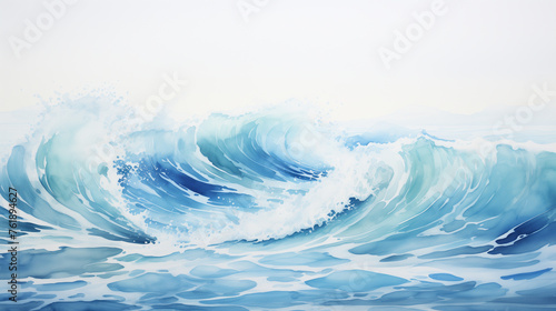 In the watercolor illustration, elegant ocean waves are depicted, capturing the fluid motion and tranquil essence of the sea.