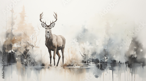 A whimsical watercolor painting of a minimalist deer standing in a misty, reflecting in the water below. © NaphakStudio