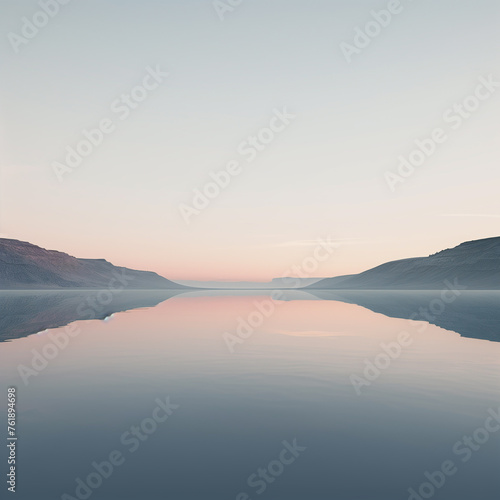 Mountain lake reflection on water and natural environment in the morning sunrise. Nature lake shore scenery. generative AI © Warunporn