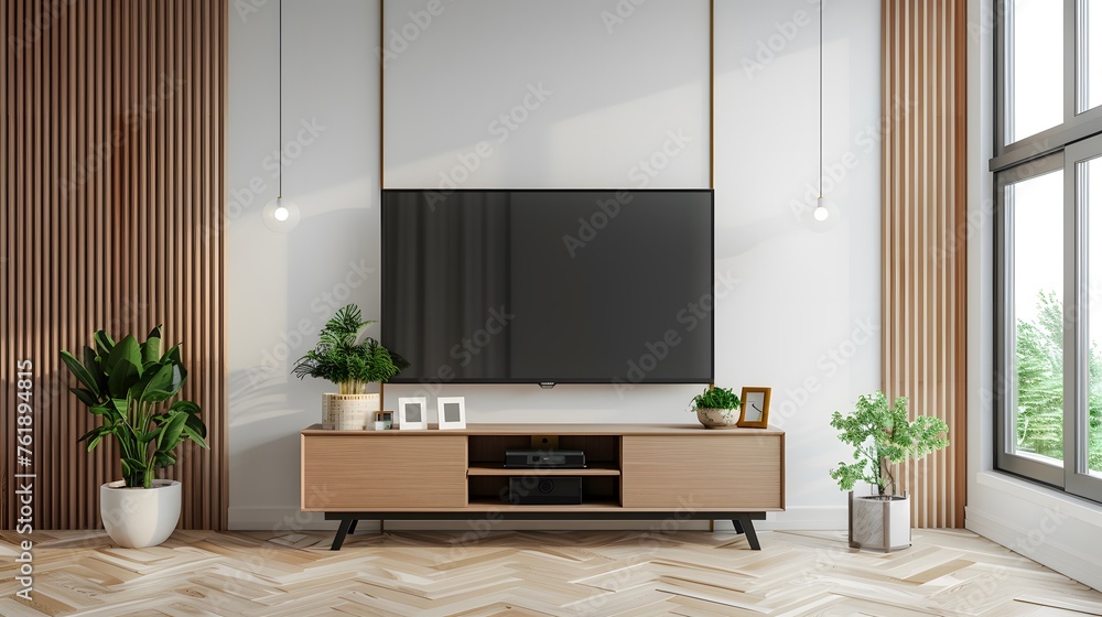 Interior mock up living room. cabinet for TV or place object in modern living room with lamp,table,flower and plant Interior mock up living room. cabinet for TV or place object in modern living room with lamp,table,flower and plant