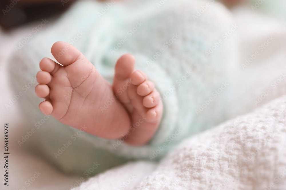 Newborn baby lying on plaid, closeup of legs. Space for text Newborn baby lying on plaid, closeup of legs. Space for text