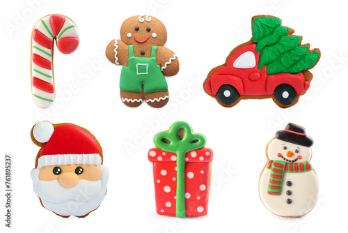 Different tasty Christmas cookies isolated on white  top view