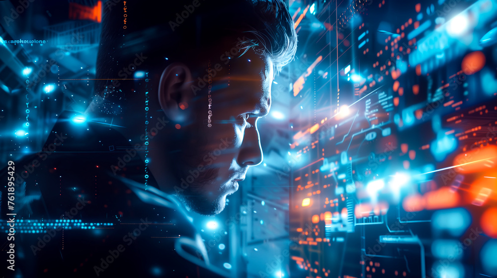 A professional man wearing glasses focuses intently on a digital screen filled with lines of complex code. The concept of cyber security. Generative AI. A professional man wearing glasses focuses intently on a digital screen filled with lines of complex code. The concept of cyber security. Generative AI.