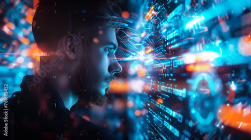 A professional man wearing glasses focuses intently on a digital screen filled with lines of complex code. The concept of cyber security. Generative AI.