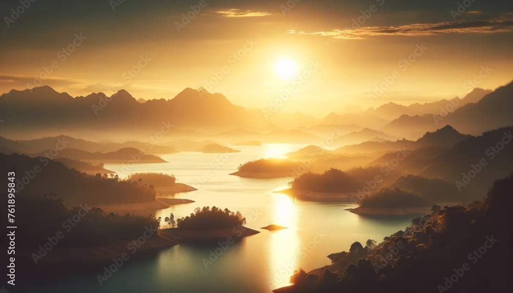 Serene Lake at Sunrise with Mountains
