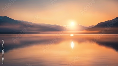 Calm Sunrise Over Mountain Lake in Soft Focus