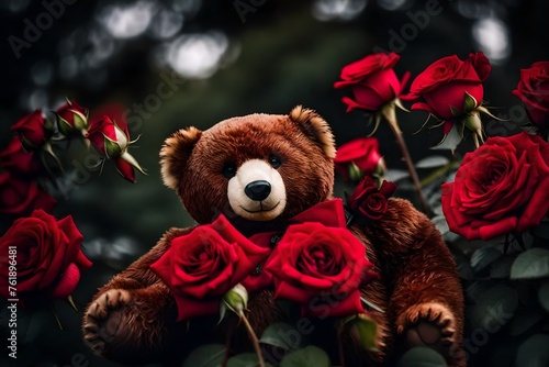 A close up photography of a Cute fluffy brown teddy bear with red rosses 