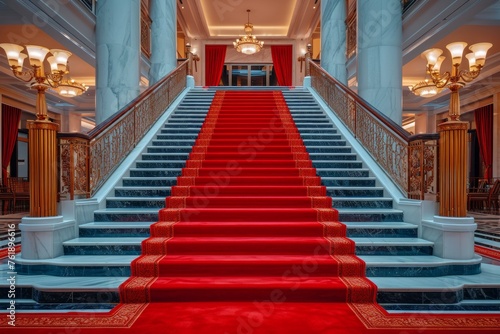 Red carpet on the stairs of a luxury hotel in the evening.