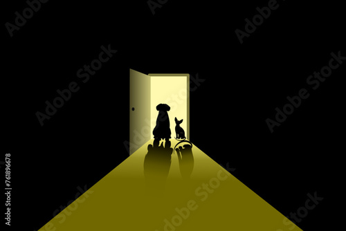 The silhouette  of a cat and a dog and its shadows in front of the open dark room door. horror halloween concept for pet lover
