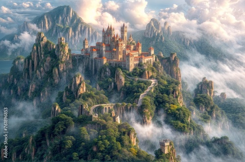 A castle is perched on top of a mountain, surrounded by fog and clouds. The mountain is covered in greenery and has a winding road leading to the castle.
