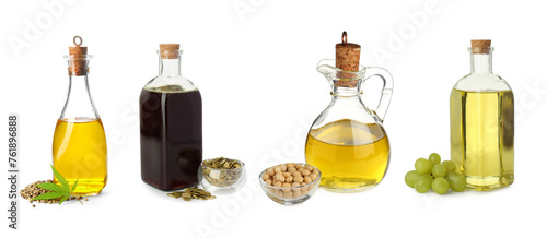 Vegetable fats. Different cooking oils and ingredients isolated on white, set