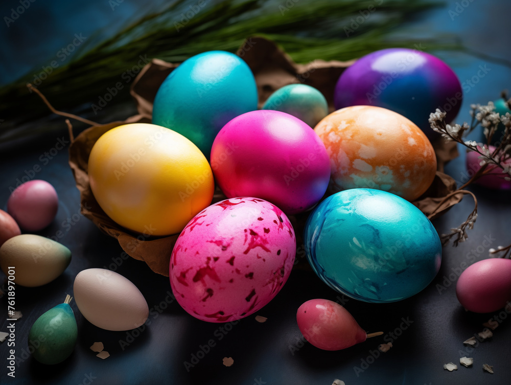 Easter eggs in a basket. Beautiful colorful easter eggs Easter eggs in a basket. Beautiful colorful easter eggs