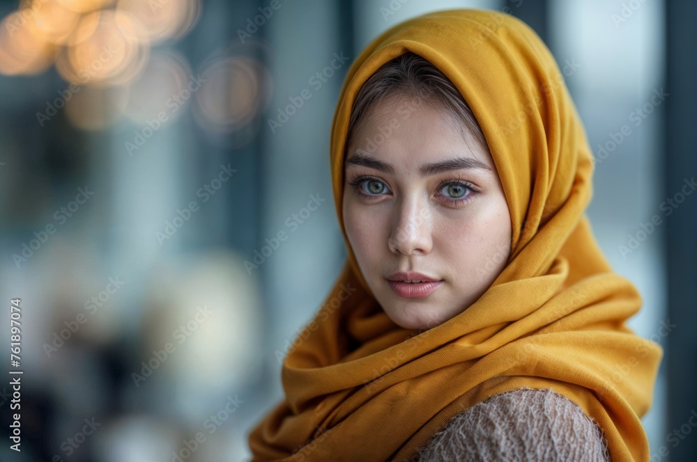 Portrait of beautiful young muslim woman wearing yellow hijab looking at camera Portrait of beautiful young muslim woman wearing yellow hijab looking at camera