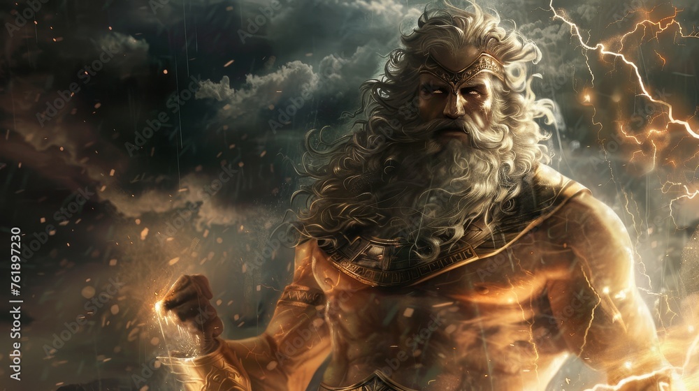 a beautiful illustration painting of the greek god zeus. wallpaper background 16:9