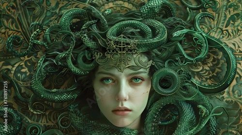 a beautiful illustration painting of the beautiful greek mythology gorgon medusa with snakes on her head hair. wallpaper background 16:9