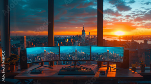 A vibrant sunset over a cityscape, framed by the silhouettes of triple monitors. AI Generative.