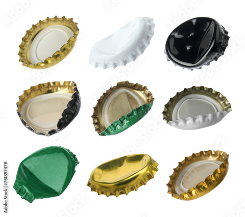 Different beer bottle caps isolated on white, set