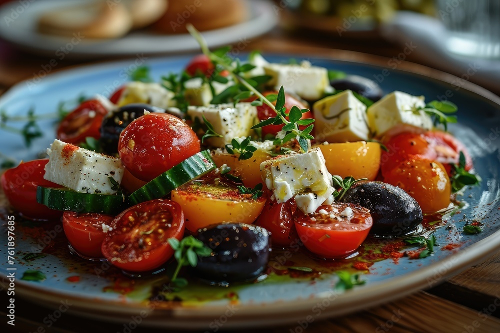 Delicious Greek salad with fresh vegetables and feta in plate. salads. Delicious Greek salad with fresh vegetables and feta in plate. salads.