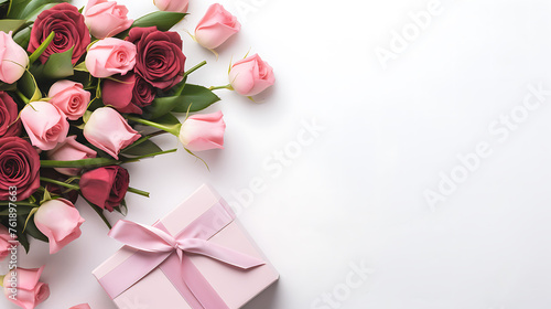 Pink roses bouquet with gift box on white background. Romantic gesture or Valentine's Day gift concept with copy space. birthday, mother's day