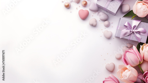 Elegant gifts with pink roses and heart-shaped chocolates on white background. Valentine's Day or romantic celebration concept with copy space.