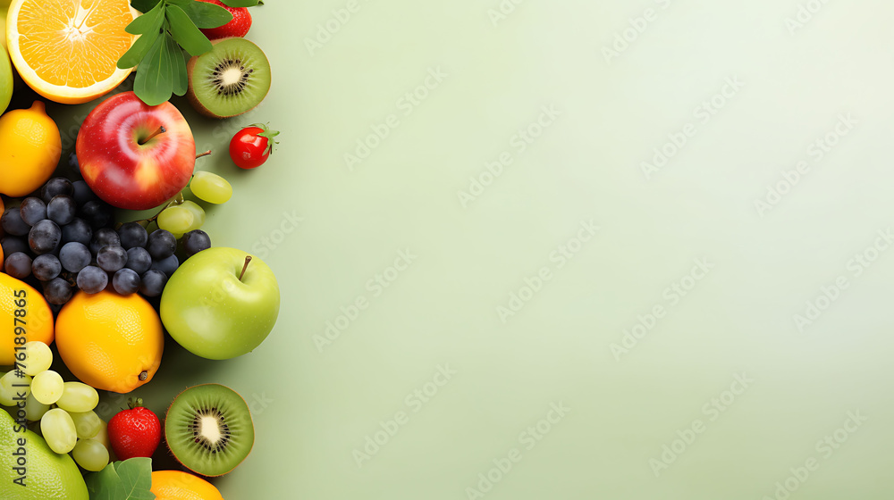 Assorted fresh fruits on green background. Healthy eating and diet concept with copy space for design and print. Assorted fresh fruits on green background. Healthy eating and diet concept with copy space for design and print.