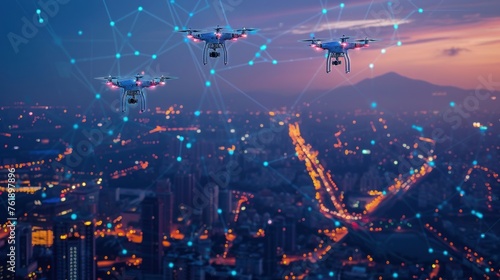 In the fading light of dusk, drones survey a sprawling cityscape veiled in mist, hinting at the intersection of technology and urban life.