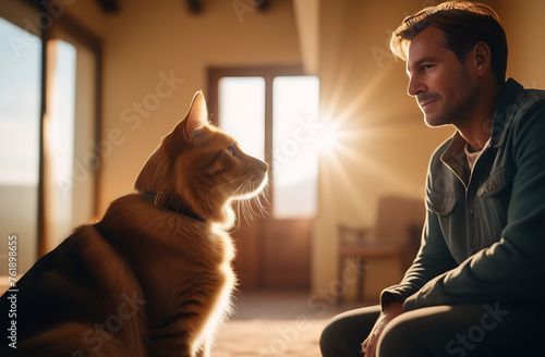 Vet with dog and cat in his hands at home in the light room, animal is sitting near its patron