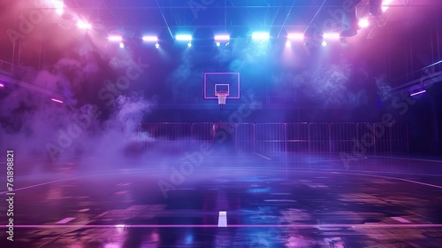 Atmospheric basketball court illuminated by neon lights with dramatic smoke, futuristic sports arena