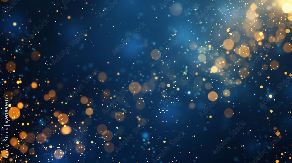 Dark blue and gold abstract Christmas background with shining particles and bokeh lights - obrazy, fototapety, plakaty 