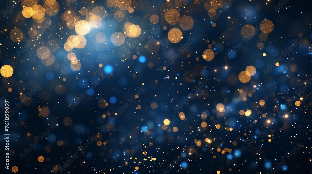 Dark blue and gold abstract Christmas background with shining particles and bokeh lights - obrazy, fototapety, plakaty 