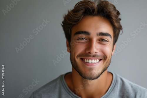 Attractive guy with a snow-white smile on a gray background © Тамара Печеная