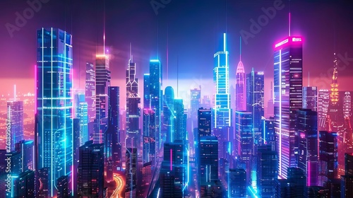 Futuristic cityscape at night  glowing neon lights illuminating skyscrapers and urban infrastructure