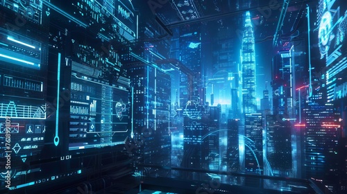 Futuristic Cityscape with Holographic Interface Elements, Sci-Fi Digital Art