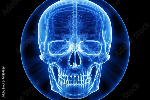 Artistic unreal depiction of human head with blue glow, stylized as x-ray image, front view
