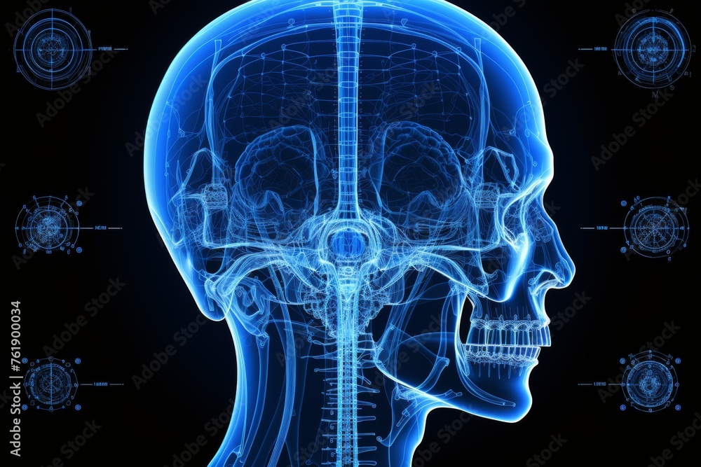 Artistic x-ray depiction of human head with blue glow in profile view, unusual and creative image Artistic x-ray depiction of human head with blue glow in profile view, unusual and creative image