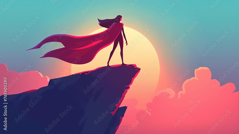 Fototapeta premium Heroic woman with cape standing on cliff, empowering illustration concept