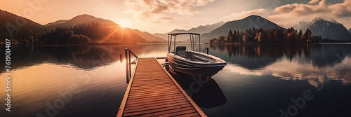 Small boat docked at wooden pier at a lake photo