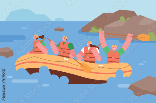 People enjoying rafting on the river. Four people wearing life jackets and having fun rowing on a rafting boat.