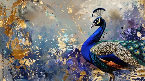 Luxurious peacock with golden brushstrokes on an abstract textured background, mixed media illustration