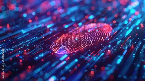 Modern 3D illustration of a fingerprint pattern transforming into a futuristic digital lock, symbolizing advanced cyber security technology