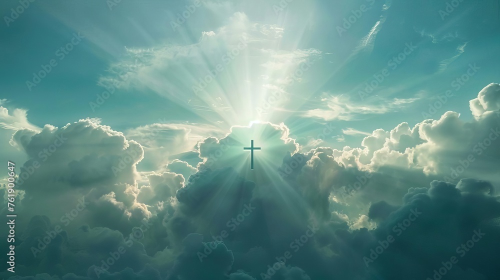 Radiant Cross in Cloudy Sky with Sunrays, Power of Faith and Spirituality Concept - obrazy, fototapety, plakaty 
